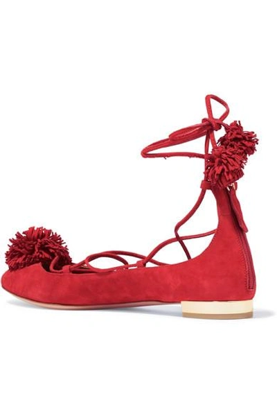 Shop Aquazzura Sunshine Pompom-embellished Suede Ballet Flats