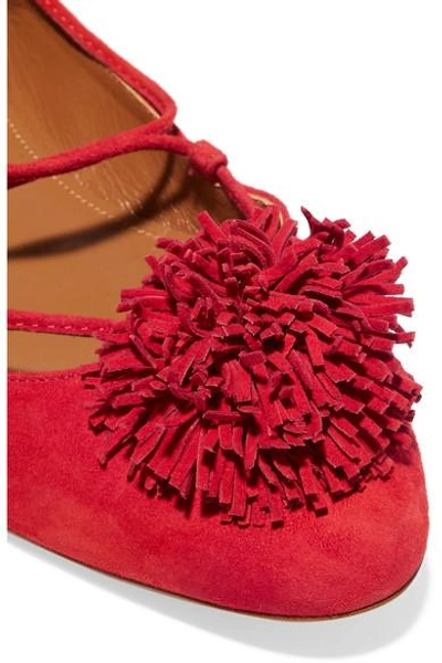 Shop Aquazzura Sunshine Pompom-embellished Suede Ballet Flats