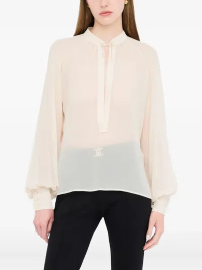 Liu •jo Bow Collar Button Charm Keyhole Pleated Sheer In White