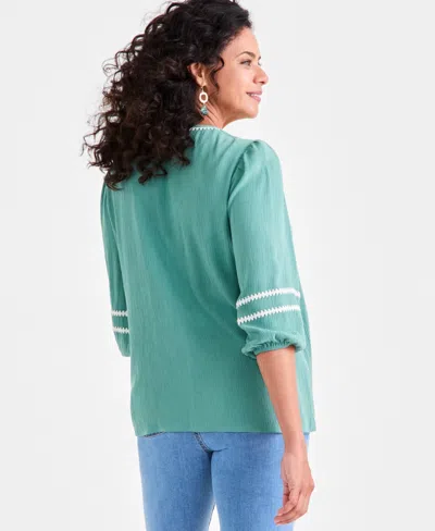 Style & Co Petite Textured Blanket-stitched Top, Exclusively At Macy's In Green