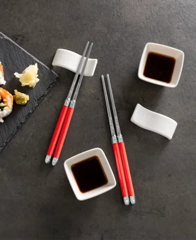 French Home Chopsticks With Handles, Ceramic Rests And Sauce Bowls, Set Of 2 Pairs In Pink