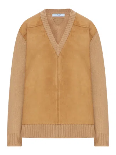 Prada Relaxed Fit Camel Sweater With Deep V-neck And Suede-like Accents In Brown