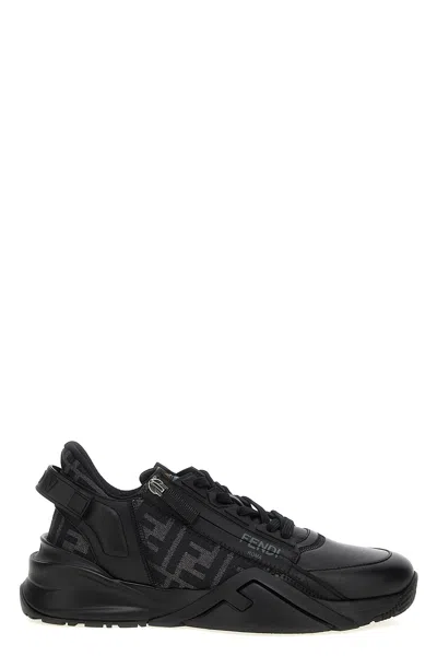 Fendi Men Leather Flow Sneakers With Ff Jacquard Fabric Inserts In Black