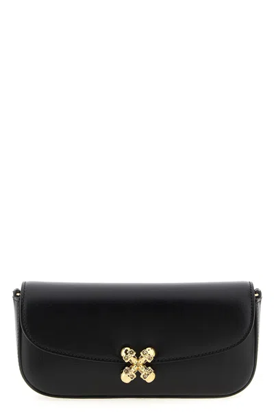 Alexander Mcqueen Black Leather Skull Flower Small Shoulder Bag In Animal Print