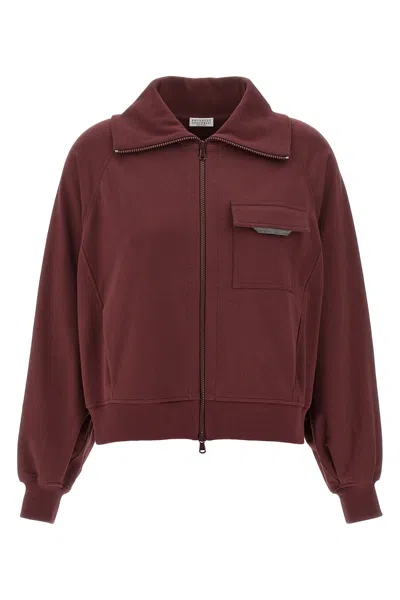 Brunello Cucinelli Collared Neck Sweatshirt With Shiny Flap Detail In Burgundy