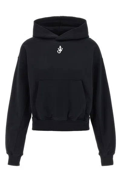 Jw Anderson Cropped Black Hoodie With Subtle Branding And Relaxed Fit In Black