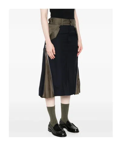 Sacai Tailored Skirt With Belted High Waist In Blue