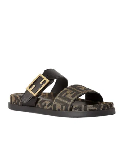 Fendi Leather Sandals With Double Strap And Buckle In Black