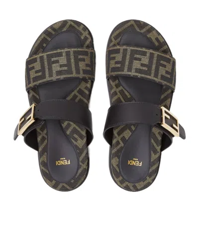 Fendi Leather Sandals With Double Strap And Buckle In Black