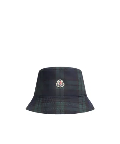 Moncler Checked Pattern Reversible Bucket Hat Design In Blue