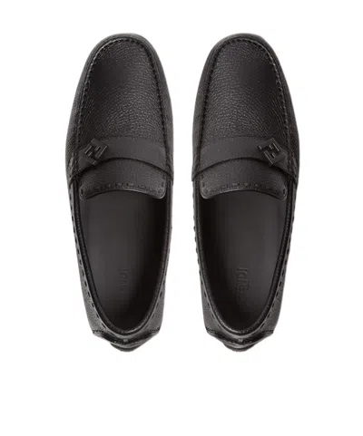 Fendi Metal Detail Round Toe Driving Loafers In Black