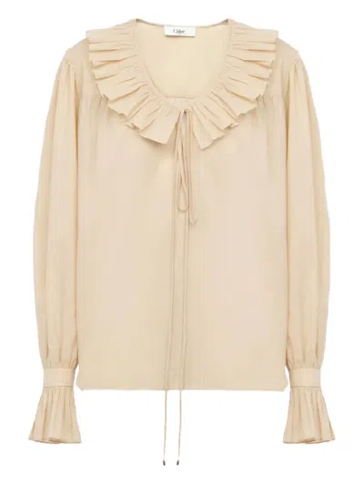Chloé Gathered Ruffle Top In Cotton Voile In Neutral