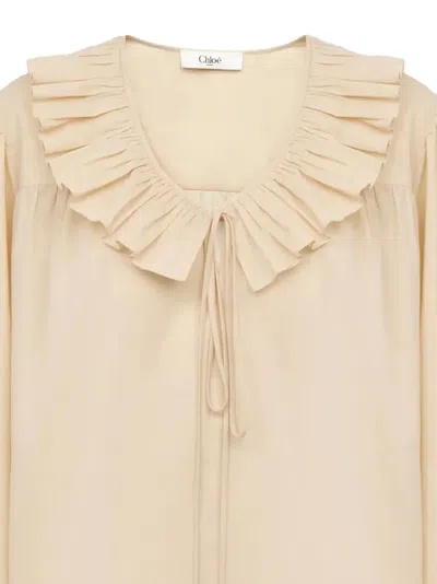 Chloé Gathered Ruffle Top In Cotton Voile In Neutral