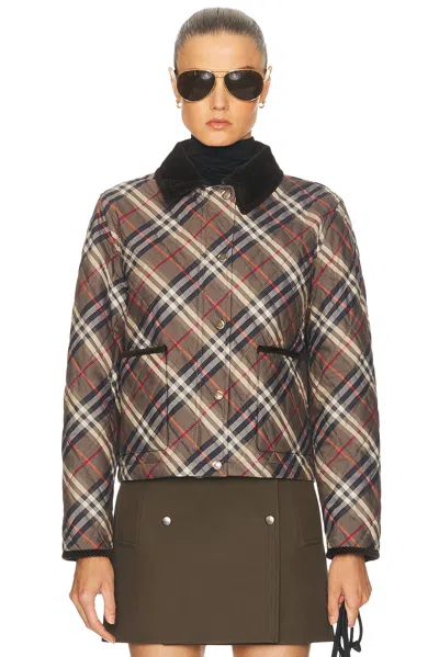 Burberry Womens Moss Brownink Grey Check-print Quilted Cotton Jacket
