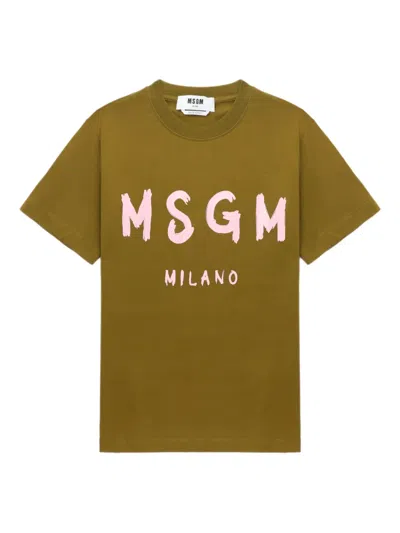 Msgm Logo Print Cotton T-shirt Clothing In Green