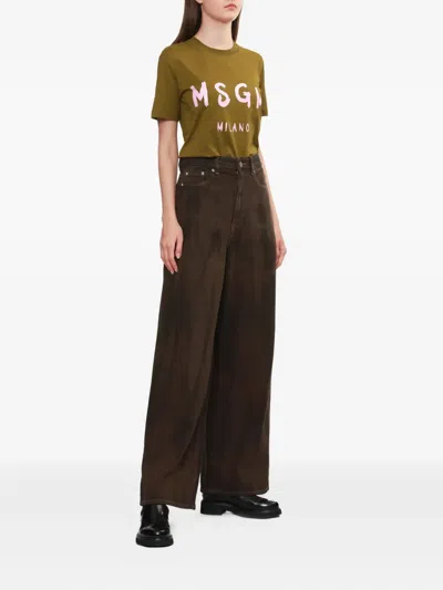 Msgm Logo Print Cotton T-shirt Clothing In Green
