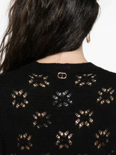Twinset Twin-set Black Sweater With Floral Openwork Detailing In Black