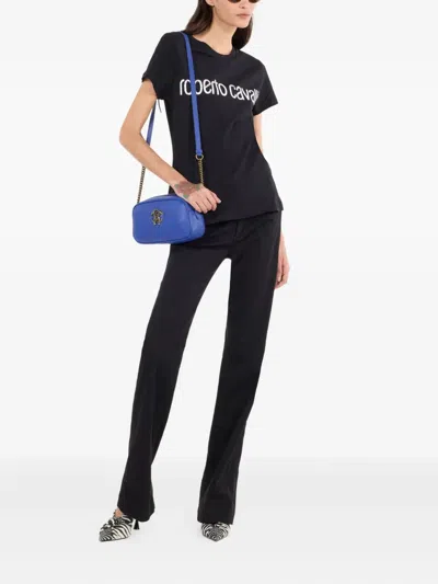 Roberto Cavalli Mirror Snake Monogram Bootcut Jeans In Black