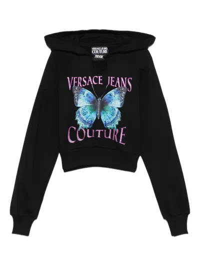 Versace Jeans Couture Cropped Black Sweatshirt With Butterfly Graphic In Black