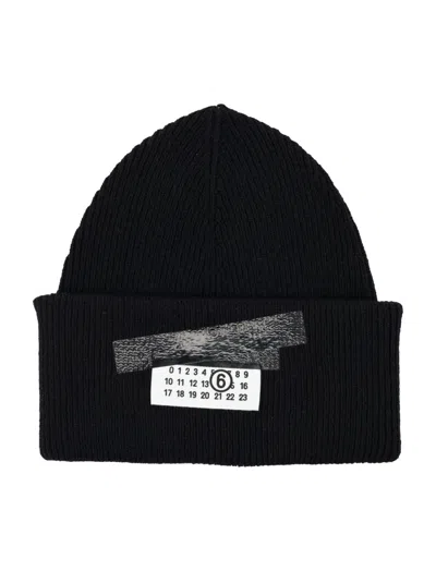 Mm6 Maison Margiela Mm6 By Maison Margiela Ribbed Knit Wool Beanie With Folded Cuff And Label In Black