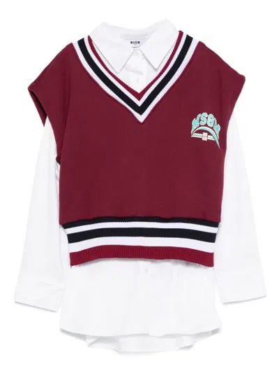 Msgm Burgundy Vest Sweater For Girl With Logo In Red