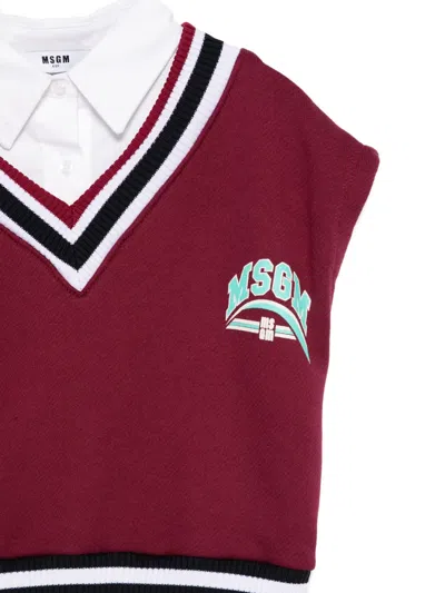 Msgm Burgundy Vest Sweater For Girl With Logo In Red