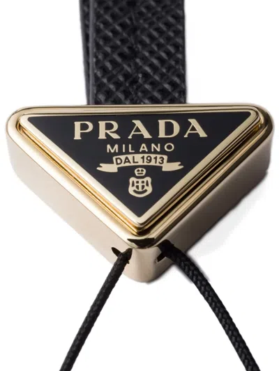 Prada Triangle-logo Leather Phone Strap In Black