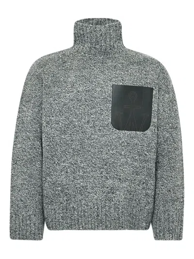 Jw Anderson Grey Sweater With High Neck And One Front Patch Leather Pocket In Wool Blend Man In Gray