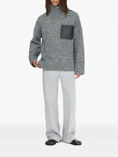 Jw Anderson Grey Sweater With High Neck And One Front Patch Leather Pocket In Wool Blend Man In Gray