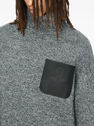 Jw Anderson Grey Sweater With High Neck And One Front Patch Leather Pocket In Wool Blend Man In Gray