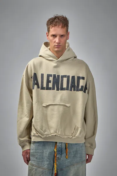 Balenciaga Tape Type Ripped Pocket Large Fit Fleece Hoodie In Brown
