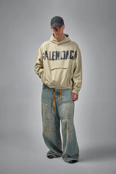 Balenciaga Tape Type Ripped Pocket Large Fit Fleece Hoodie In Brown