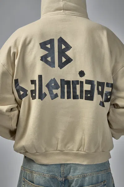 Balenciaga Tape Type Ripped Pocket Large Fit Fleece Hoodie In Brown
