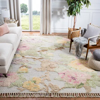 Safavieh Kenya Hand Made Area Rug, Pink / Grey Country Floral Style Non-shedding In Multi