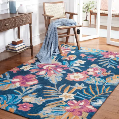 Safavieh Jardin Hand Made Area Rug, Blue / Pink Country Floral Style Non-shedding In Blue