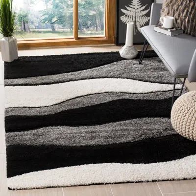 Safavieh Florida Shag Machine Made Area Rug, Grey / Black Shag & Flokati Style Easy Care In Black