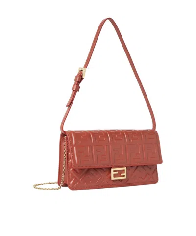Fendi Wallet On Chain Baguette In Nappa Leather With Ff Motif In Brown