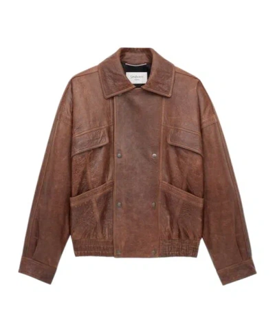 Saint Laurent Collared Bomber Jacket Featuring Elasticated Hem In Brown