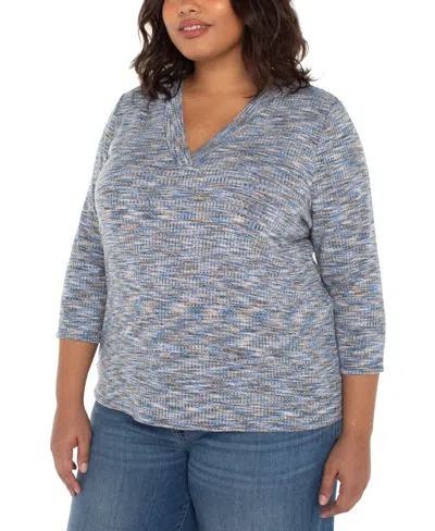 Liverpool Los Angeles Trendy Plus Size Space-dyed 3/4-sleeve Knit T-shirt In Blue