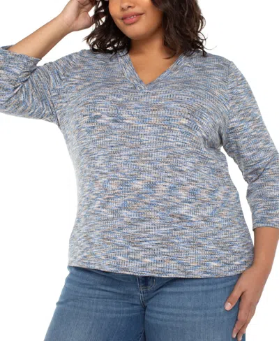 Liverpool Los Angeles Trendy Plus Size Space-dyed 3/4-sleeve Knit T-shirt In Blue