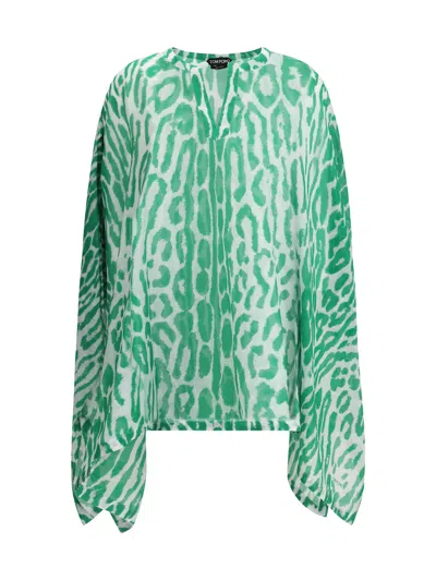 Tom Ford Leopard Print Silk Top In Green