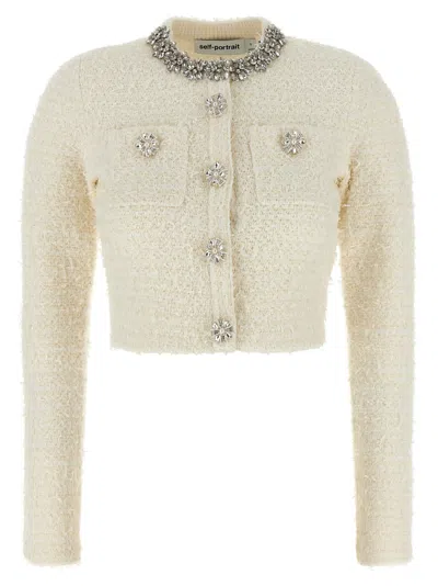 Self-portrait White Crewneck Cropped Cardigan With Crystal Embellishments On The Collar In Cotton Blend Woman In Neutral