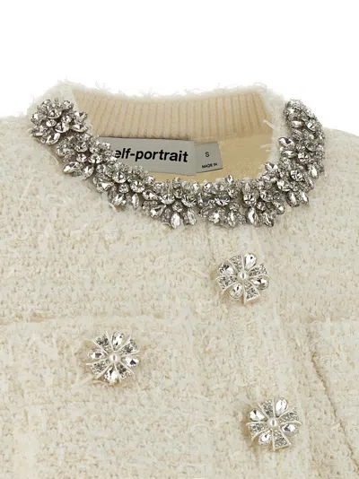 Self-portrait White Crewneck Cropped Cardigan With Crystal Embellishments On The Collar In Cotton Blend Woman In Neutral