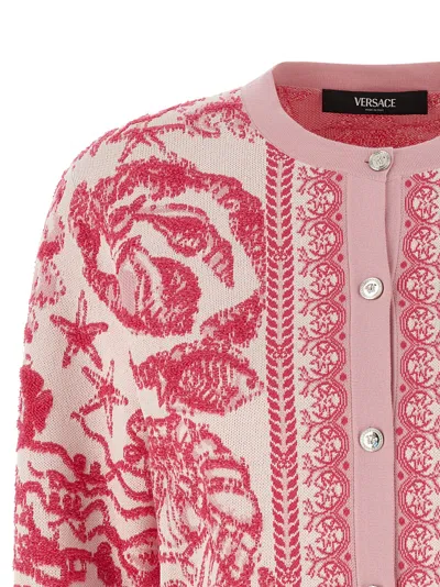 Versace Baroque Subaquatique Patterned Crew Neck Cardigan In Pink