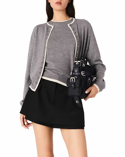 Maje Womens Grey Rhinestone-embellished Contrast-trim Stretch Wool-blend Cardigan In Gray