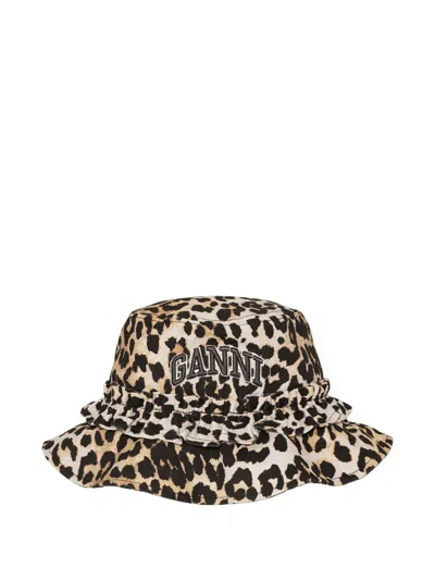 Ganni Leopard Print Canvas Bucket Hat With Ruffled Detailing In Animal Print