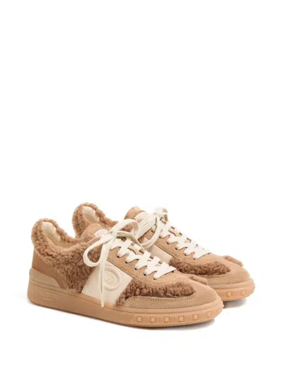 Valentino Garavani Upvillage Suede Shearling Low-top Sneakers In Brown