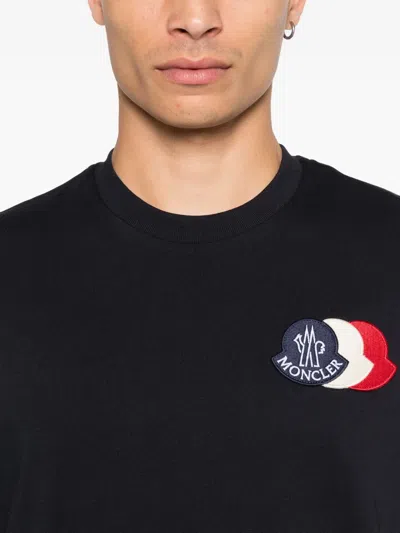 Moncler Blue T-shirt With Embroidered Tricolor Logo In Blue