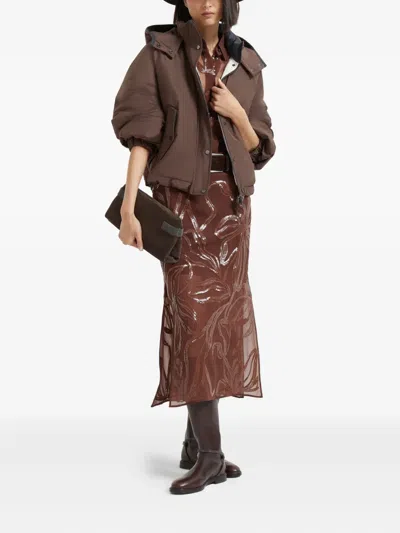 Brunello Cucinelli Floral Midi Skirt Sheer Overlay In Brown