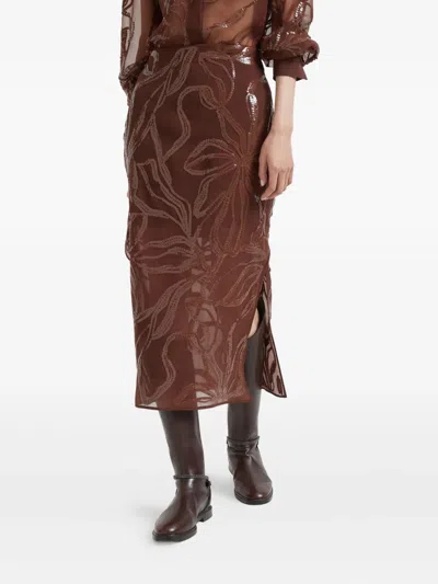 Brunello Cucinelli Floral Midi Skirt Sheer Overlay In Brown